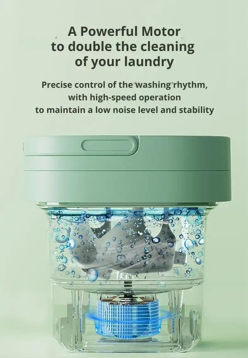 Transparent washing machine motor mechanism with water and bubbles in motion.